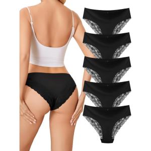 imagevoenxe Lace Underwear for WomenStretch Soft Bikini PantiesSexy Lacy Ladies BriefsComfortable Hipster Panty Undies5 PackBlack