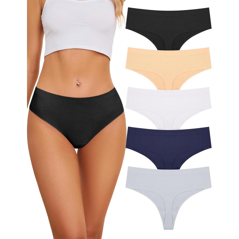 imagevoenxe Seamless Women Underwear ThongsHigh Waisted No Show Ladies PantiesBreathable Comfy Active Hi Rise Cut Undies5PackBasics
