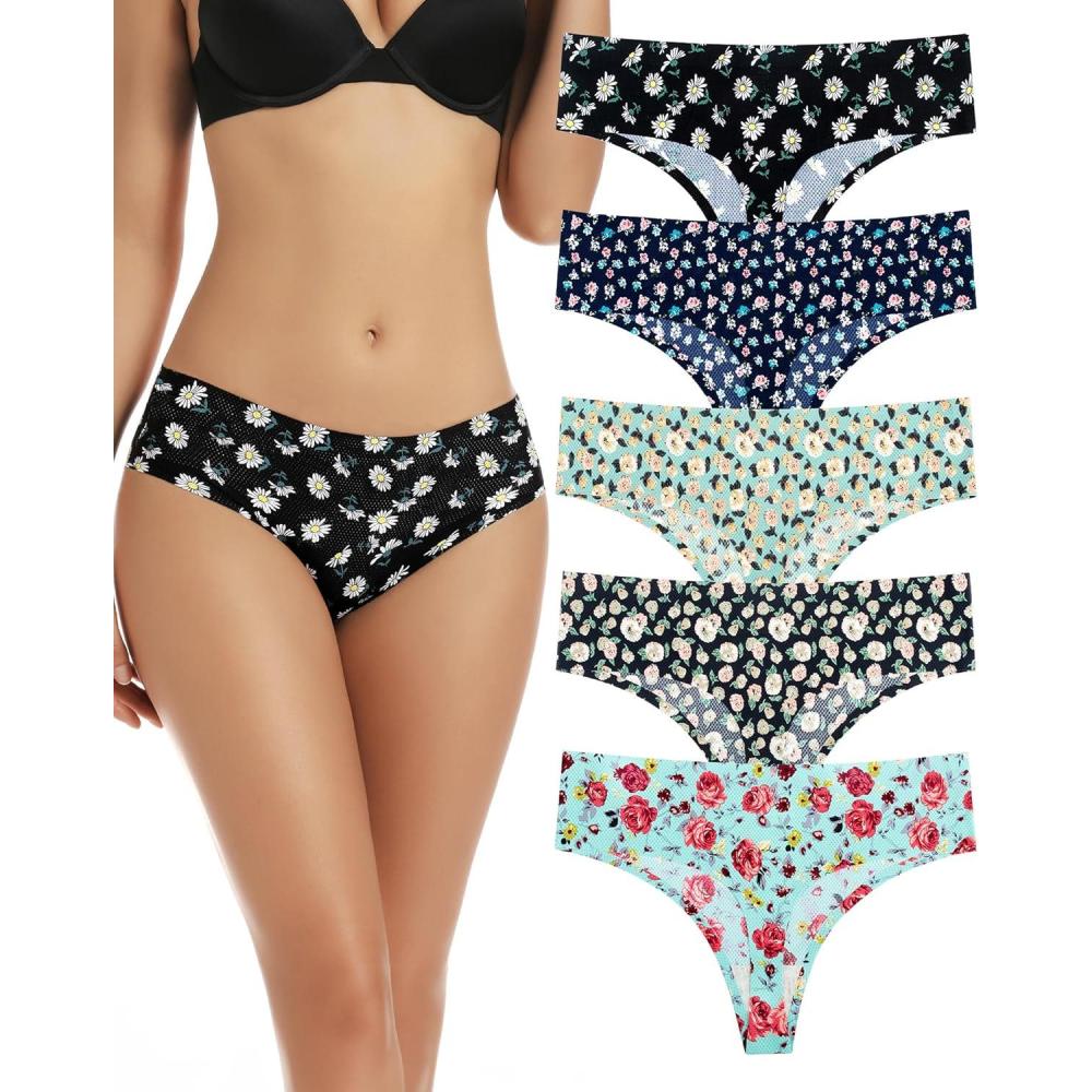 imagevoenxe Seamless Women Underwear ThongsHigh Waisted No Show Ladies PantiesBreathable Comfy Active Hi Rise Cut Undies5PackFloral