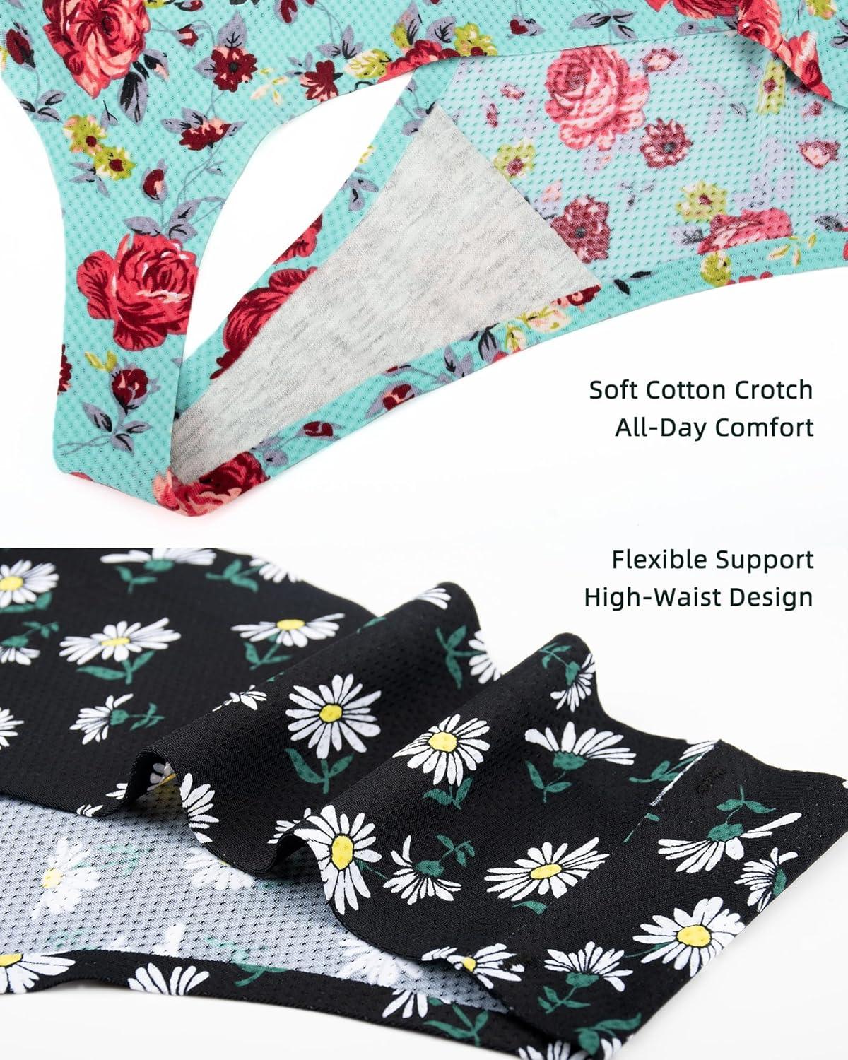 imagevoenxe Seamless Women Underwear ThongsHigh Waisted No Show Ladies PantiesBreathable Comfy Active Hi Rise Cut Undies5PackFloral
