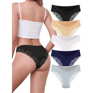 imagevoenxe Women Bikini Brief UnderwearSoft Comfy Lace Ladies PantySilky Sheer Hipster PantiesLow Rise Multipack Undies5 PackBasic