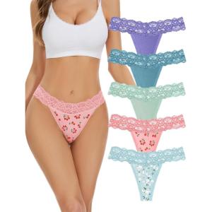 imagevoenxe Seamless Thong for WomenNo Show Lace UnderwearLadies Cotton Blend Breathable PantiesComfort Soft UndieTanga5PackAssorted