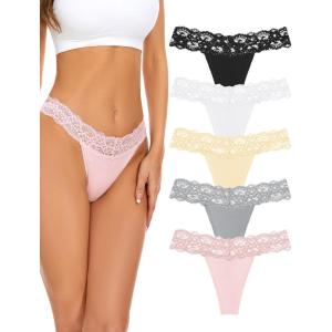 imagevoenxe Seamless Thong for WomenNo Show Lace UnderwearLadies Cotton Blend Breathable PantiesComfort Soft UndieTanga5PackBasic