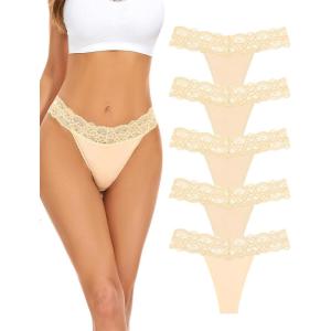 imagevoenxe Seamless Thong for WomenNo Show Lace UnderwearLadies Cotton Blend Breathable PantiesComfort Soft UndieTanga5PackNude